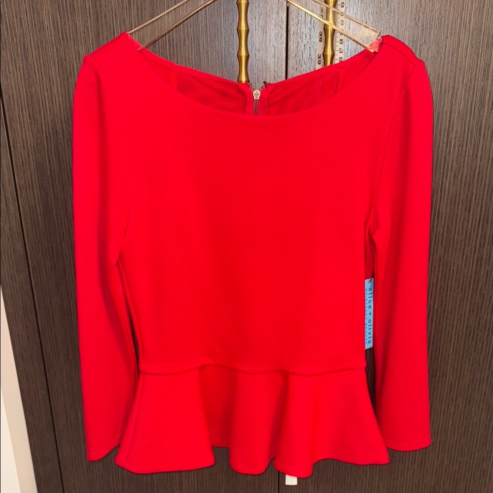 Alice + Olivia Red Long Sleeve Peplum Blouse